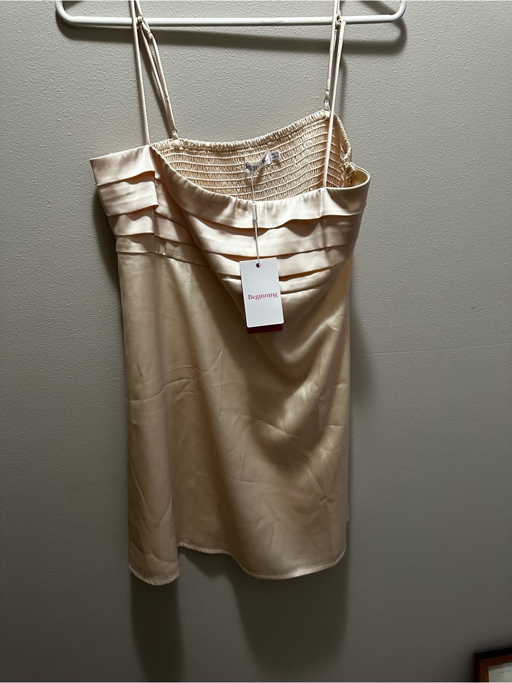 Beginning Boutique Cream Satin Mini Slip Dress with Ruffle Trim